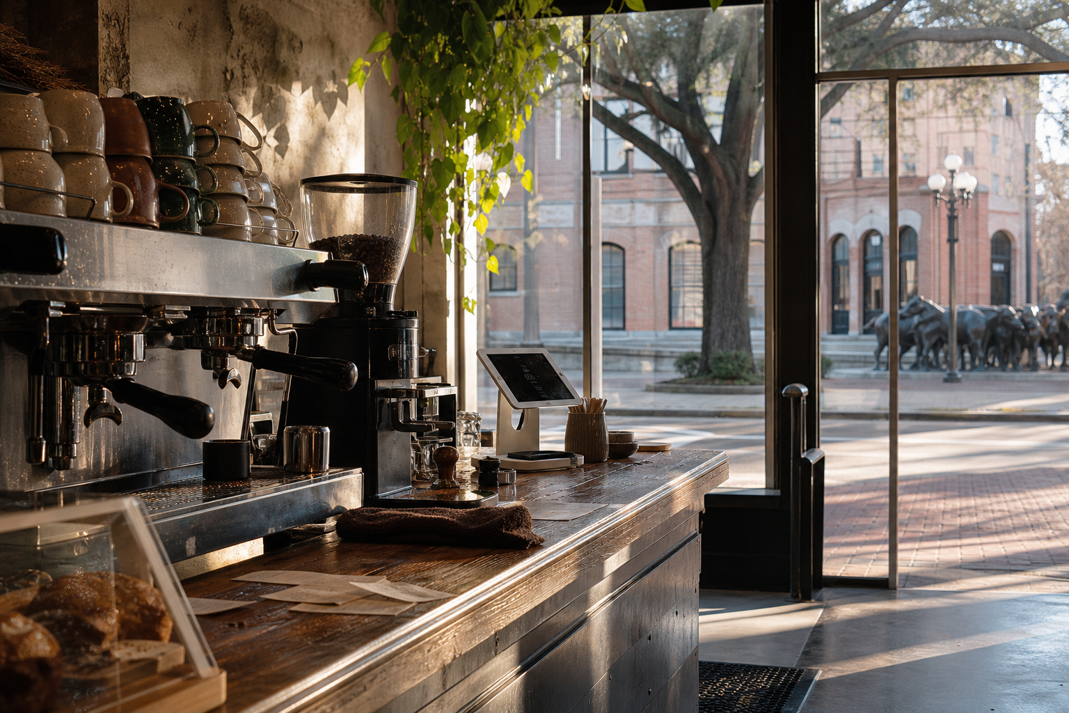 Independent Fort Worth coffee shop interior with Hill Country morning light, drip station in the foreground