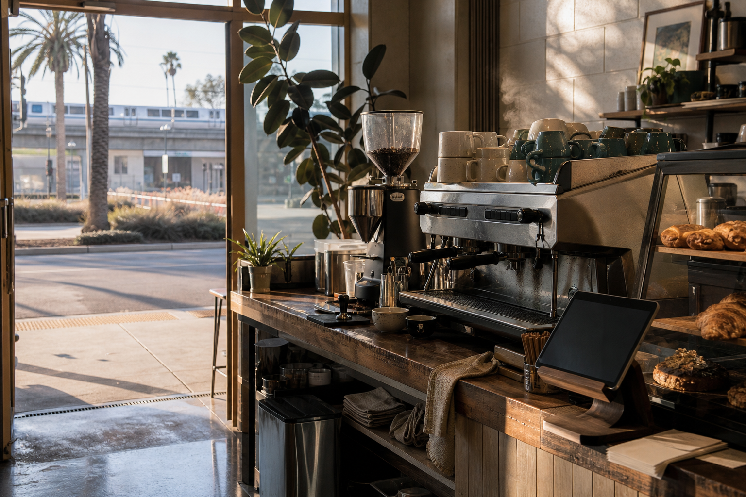 Independent Fremont coffee shop interior with Pacific morning light, pastry case in the corner