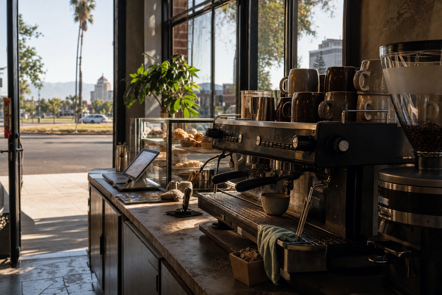 Independent Fresno coffee shop interior with Pacific morning light, espresso machine in the corner
