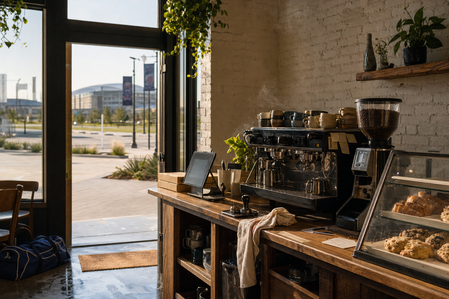 Independent Frisco coffee shop interior with Hill Country morning light, espresso machine in the middle distance