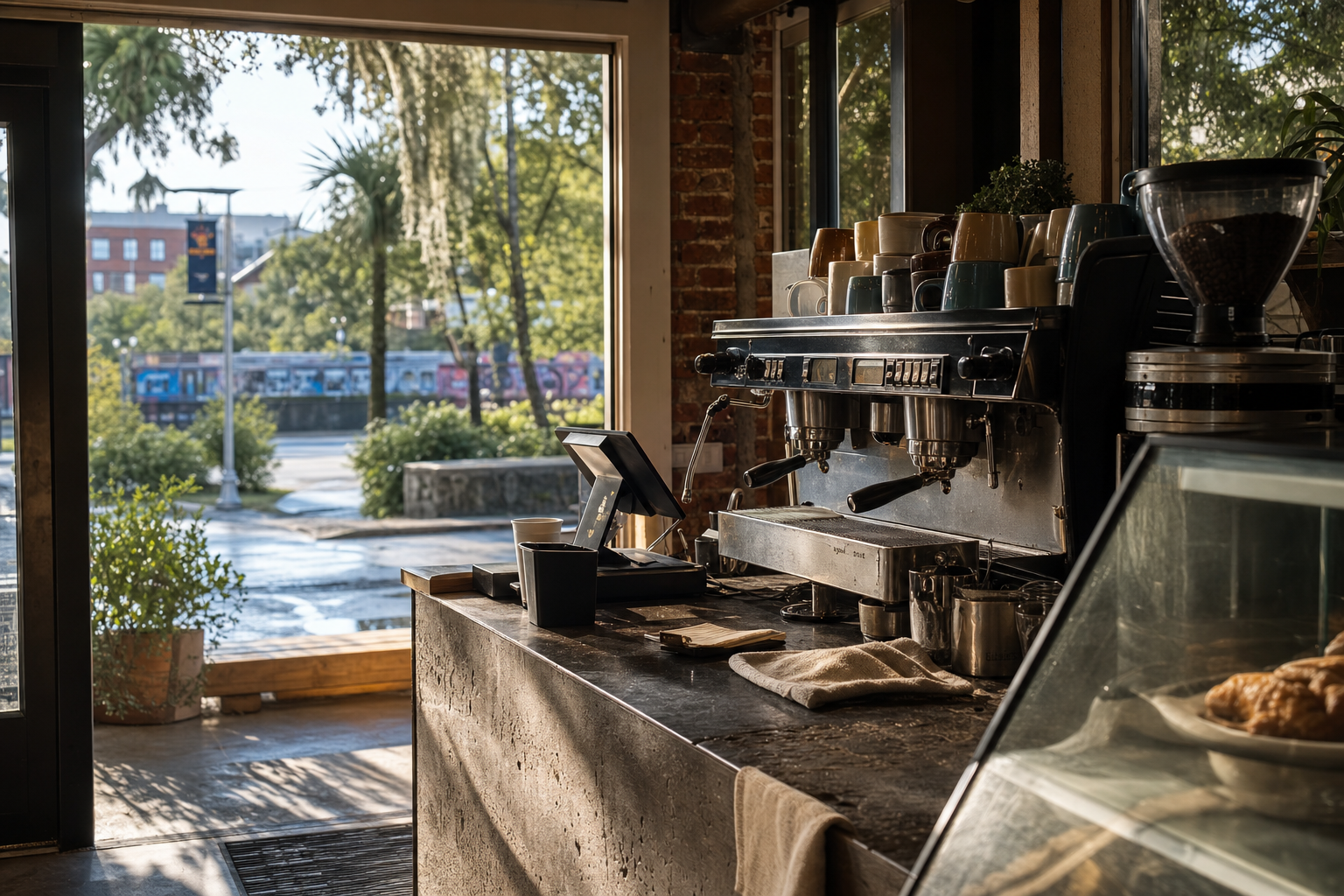 Independent Gainesville coffee shop interior with Gulf-light morning, chemex pour-over in the middle distance