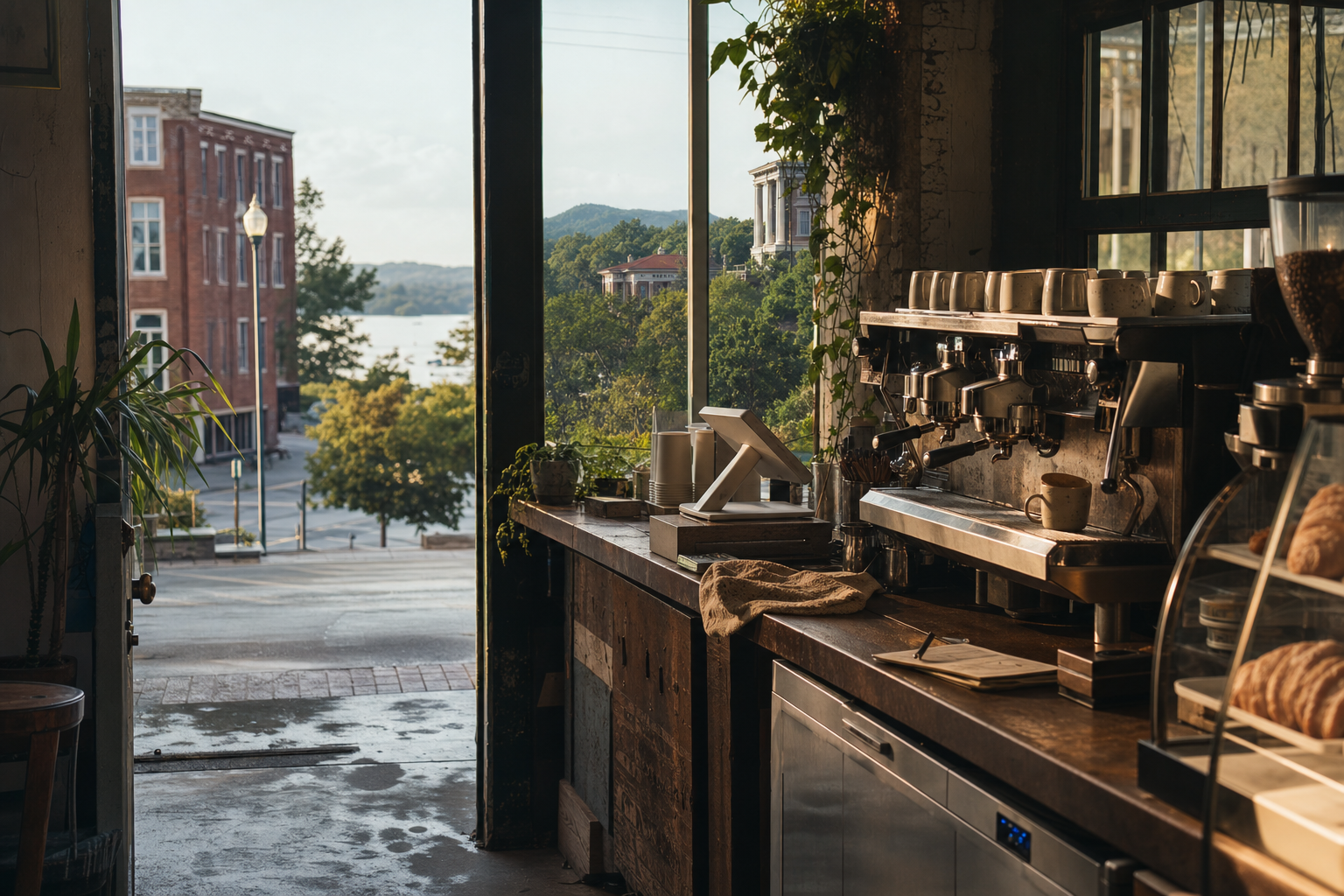 Independent Gainesville coffee shop interior with red-clay morning light, drip station in the middle distance