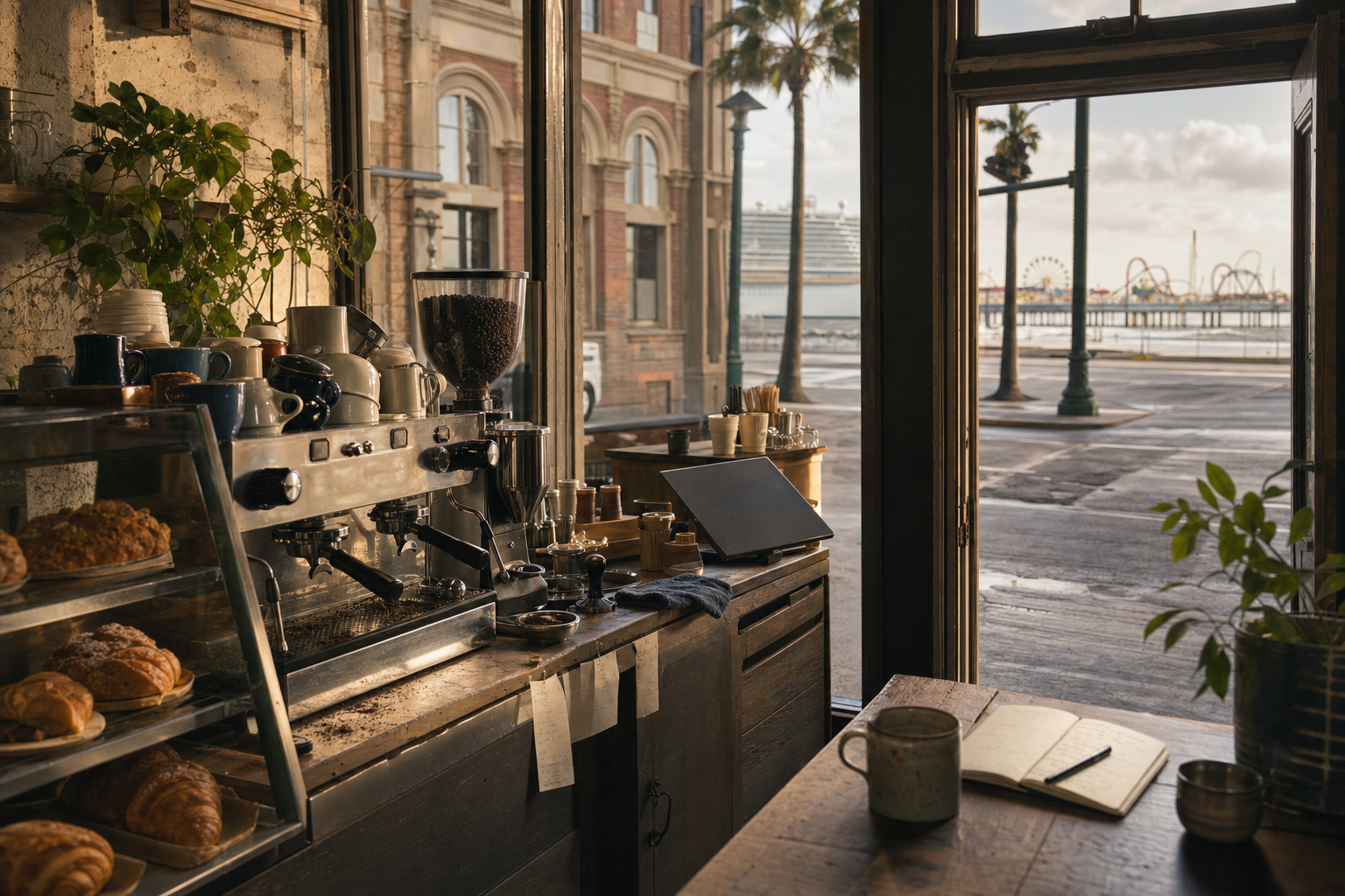 Independent Galveston coffee shop interior with Hill Country morning light, pastry case in the corner