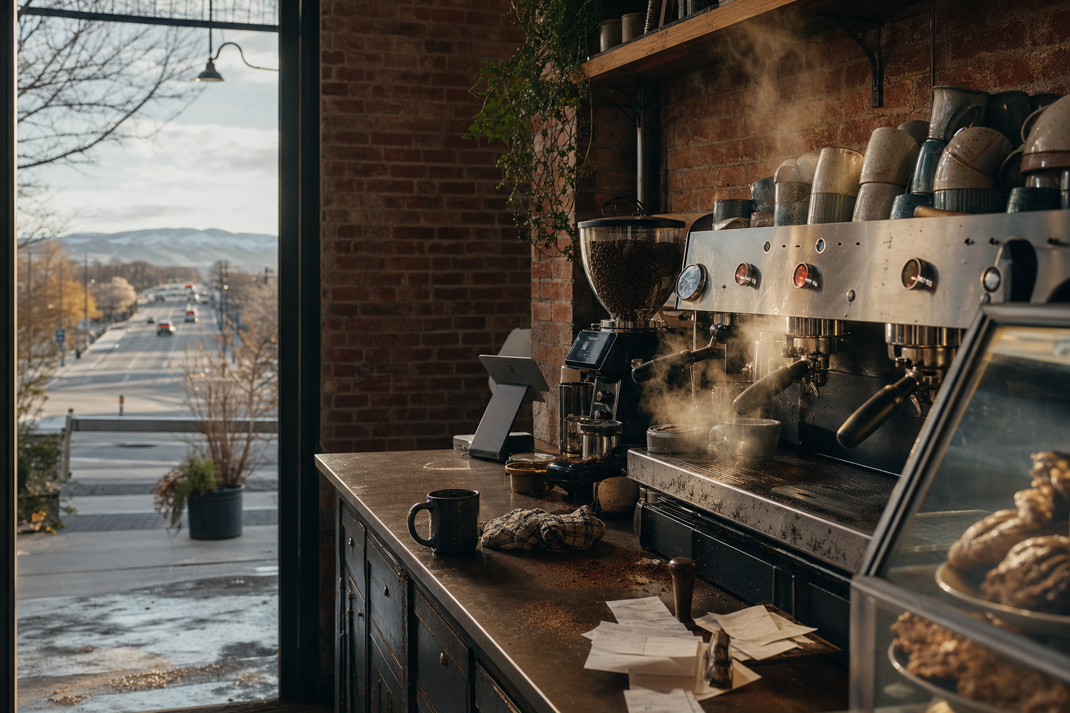 Independent Garden City coffee shop interior with high-desert morning light, espresso machine in the corner