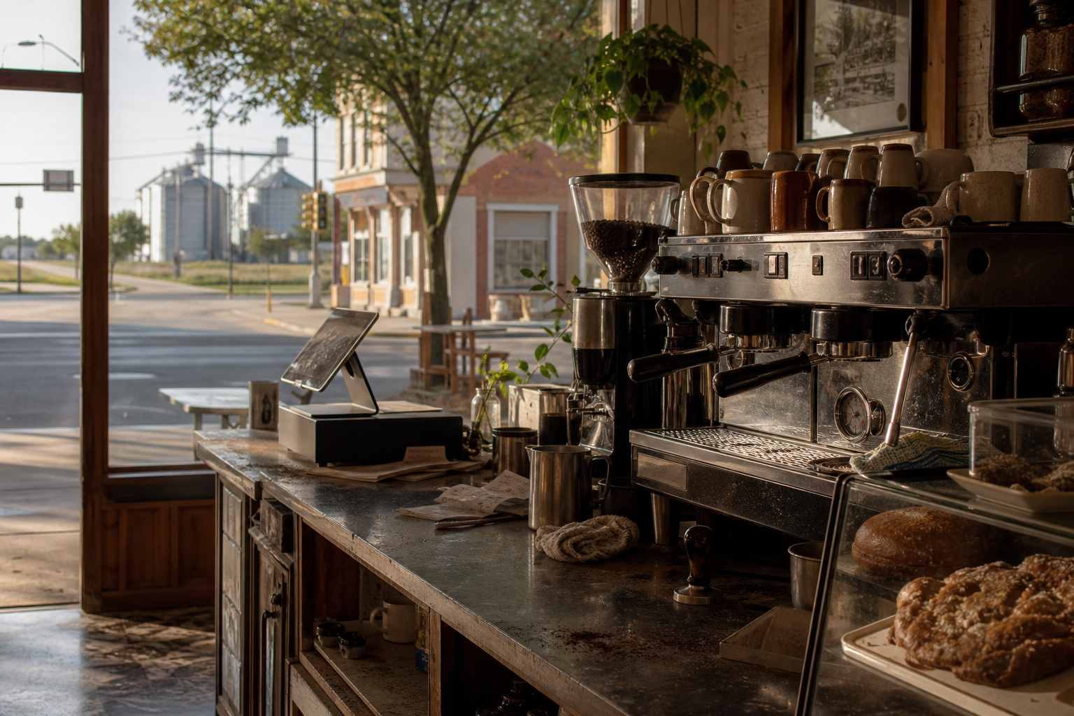 Independent Garden City coffee shop interior with prairie morning light, espresso machine in the middle distance
