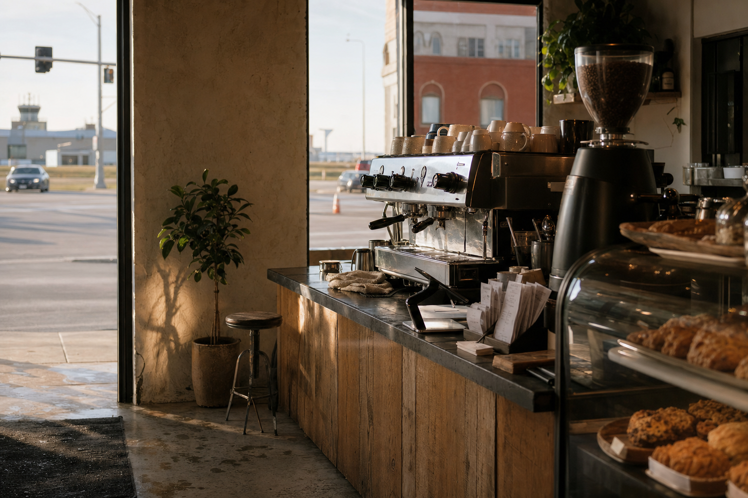 Independent Gardner coffee shop interior with prairie morning light, drip station in the foreground