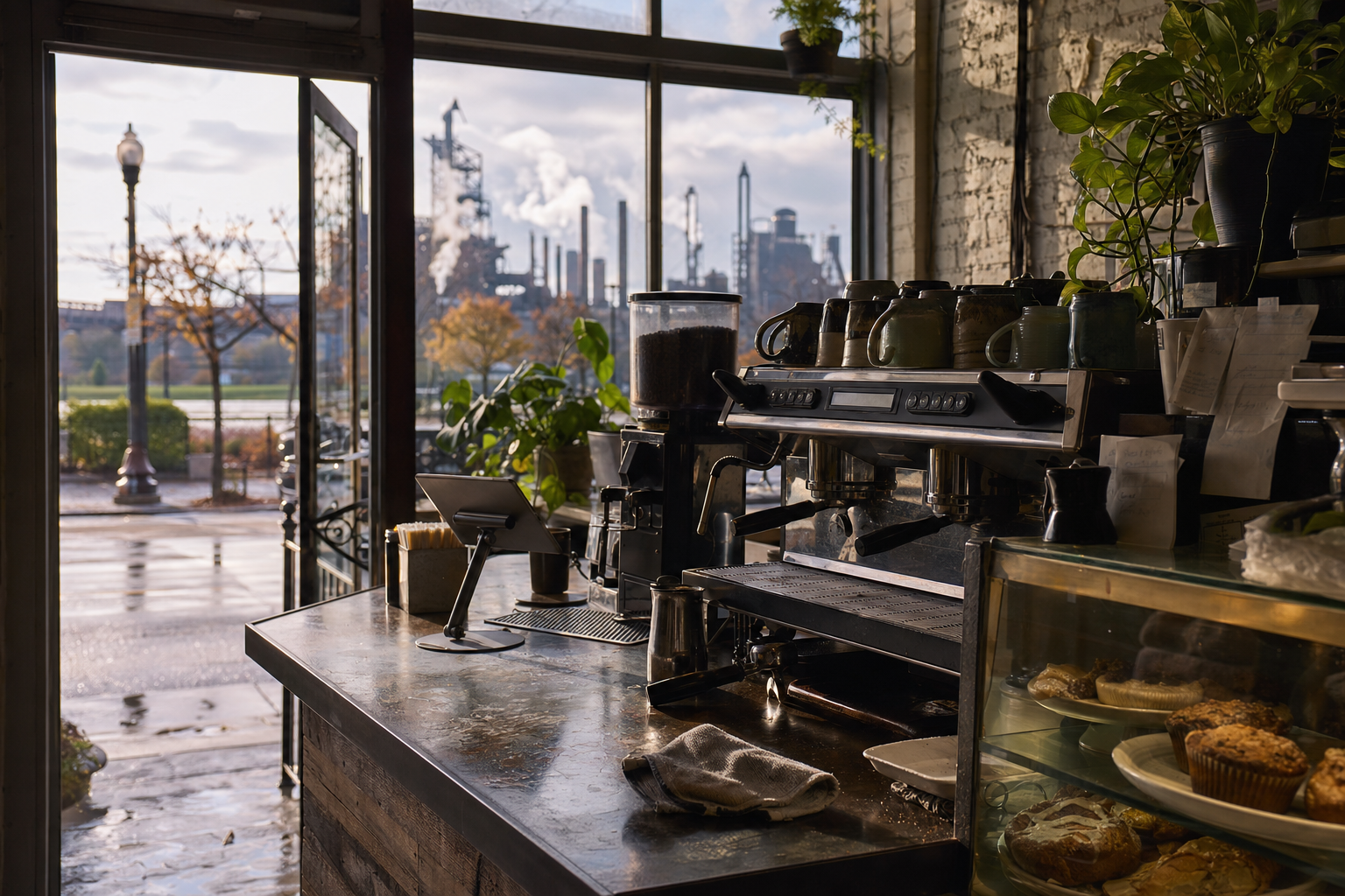 Independent Gary coffee shop interior with Midwest hardwood morning light, drip station in the middle distance
