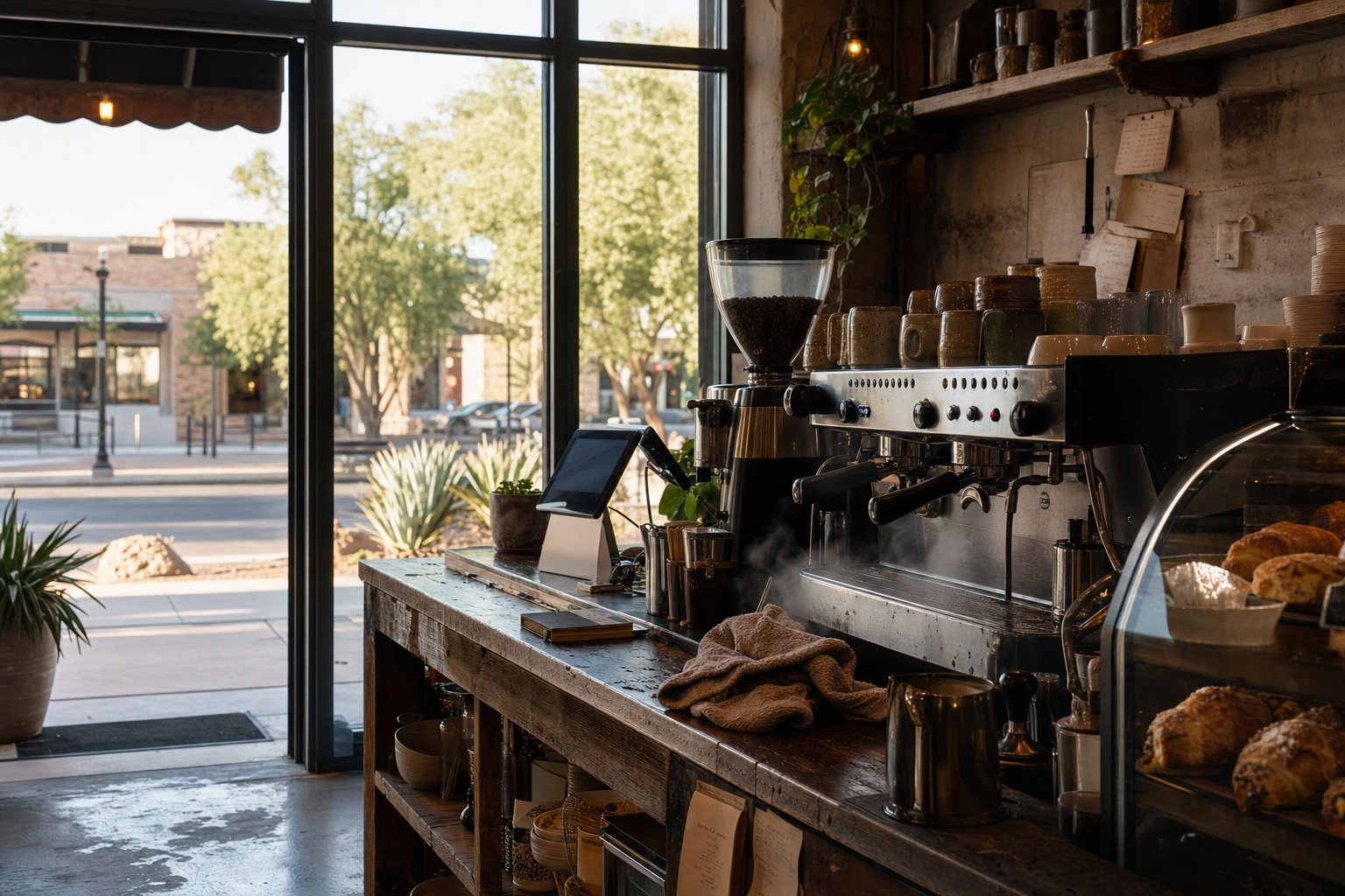 Independent Gilbert coffee shop interior with warm desert morning light, espresso machine in the foreground