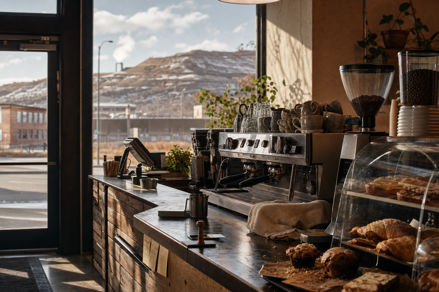 Independent Gillette coffee shop interior with Rocky Mountain morning light, espresso machine in the corner