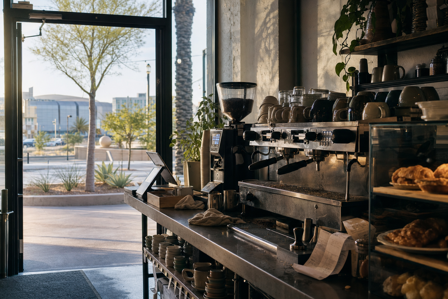 Glendale coffee shop interior with AZ morning light around the espresso bar.