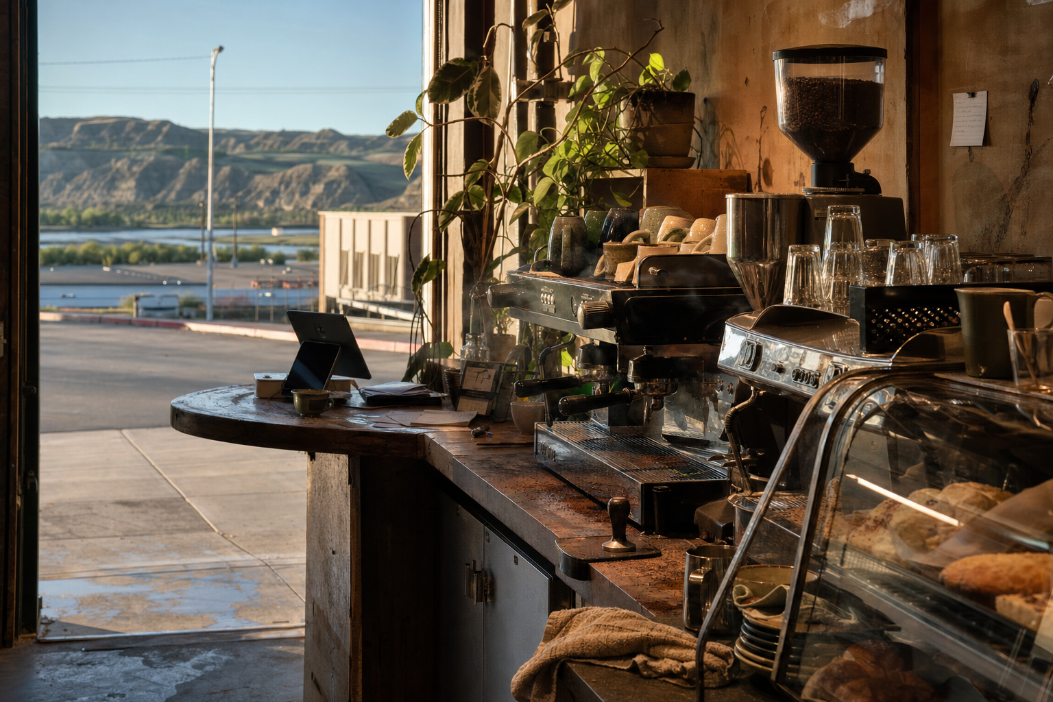 Independent Glendive coffee shop interior with Rocky Mountain morning light, chemex pour-over in the foreground
