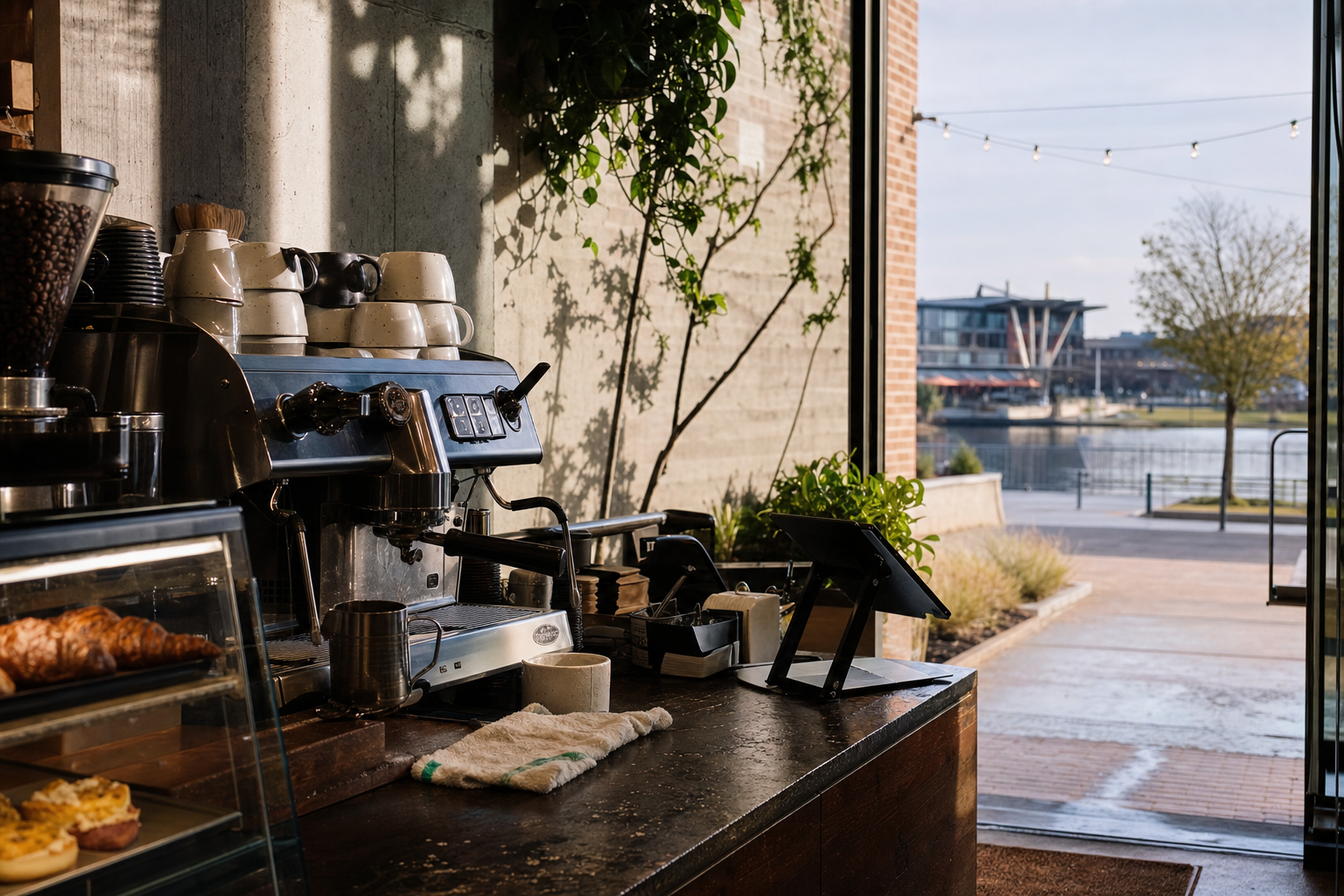 Independent Grand Prairie coffee shop interior with Hill Country morning light, chemex pour-over in the middle distance