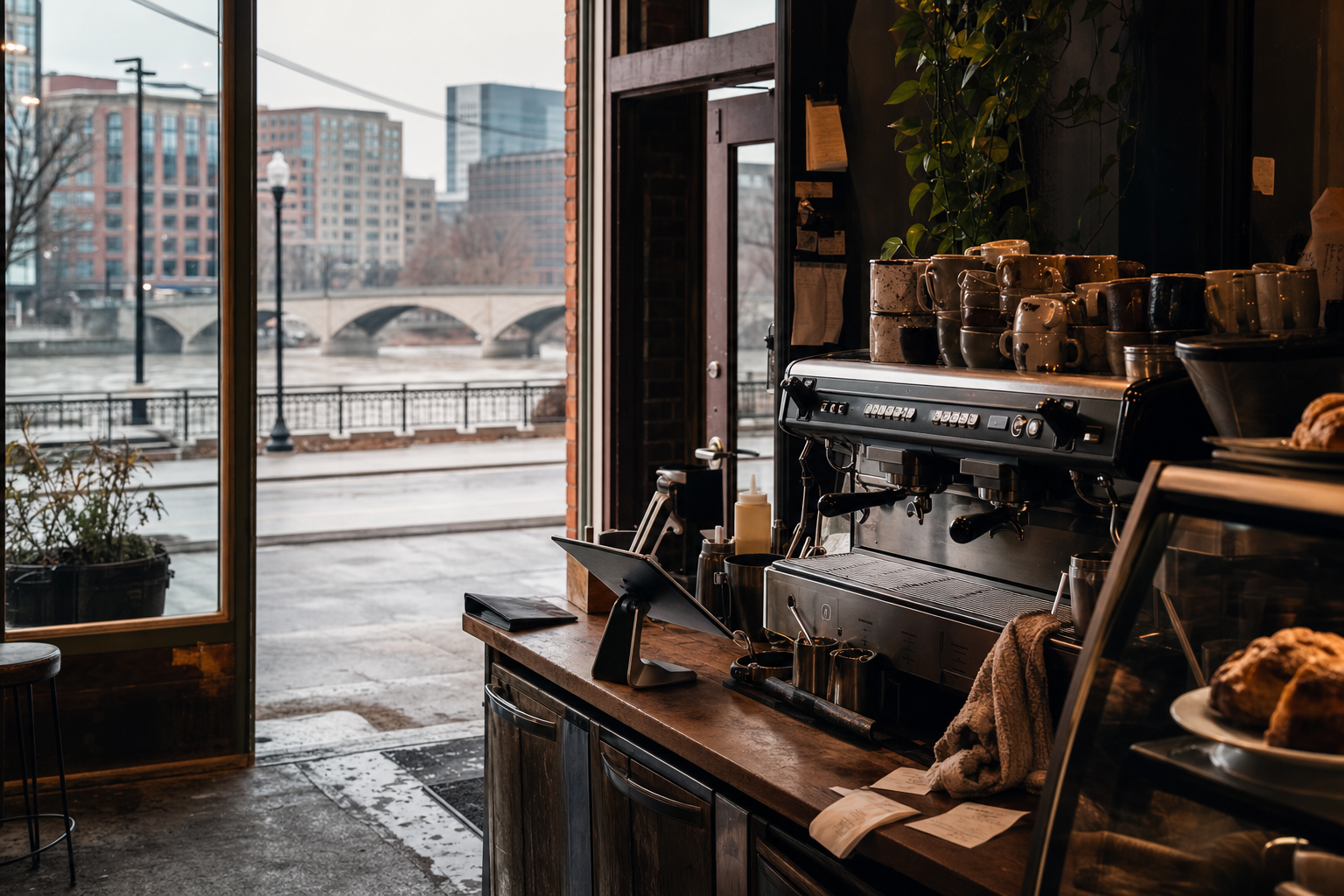 Independent Grand Rapids coffee shop interior with Great Lakes morning light, espresso machine in the corner