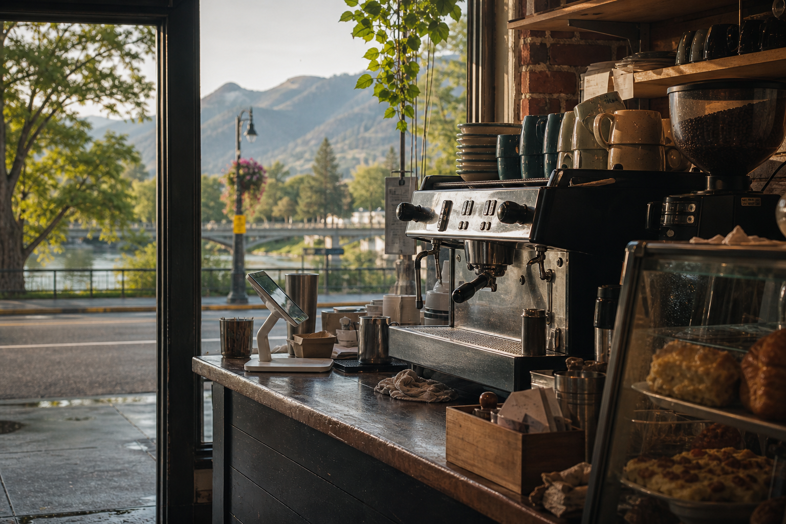 Independent Grants Pass coffee shop interior with fog-filtered morning light, chemex pour-over in the middle distance