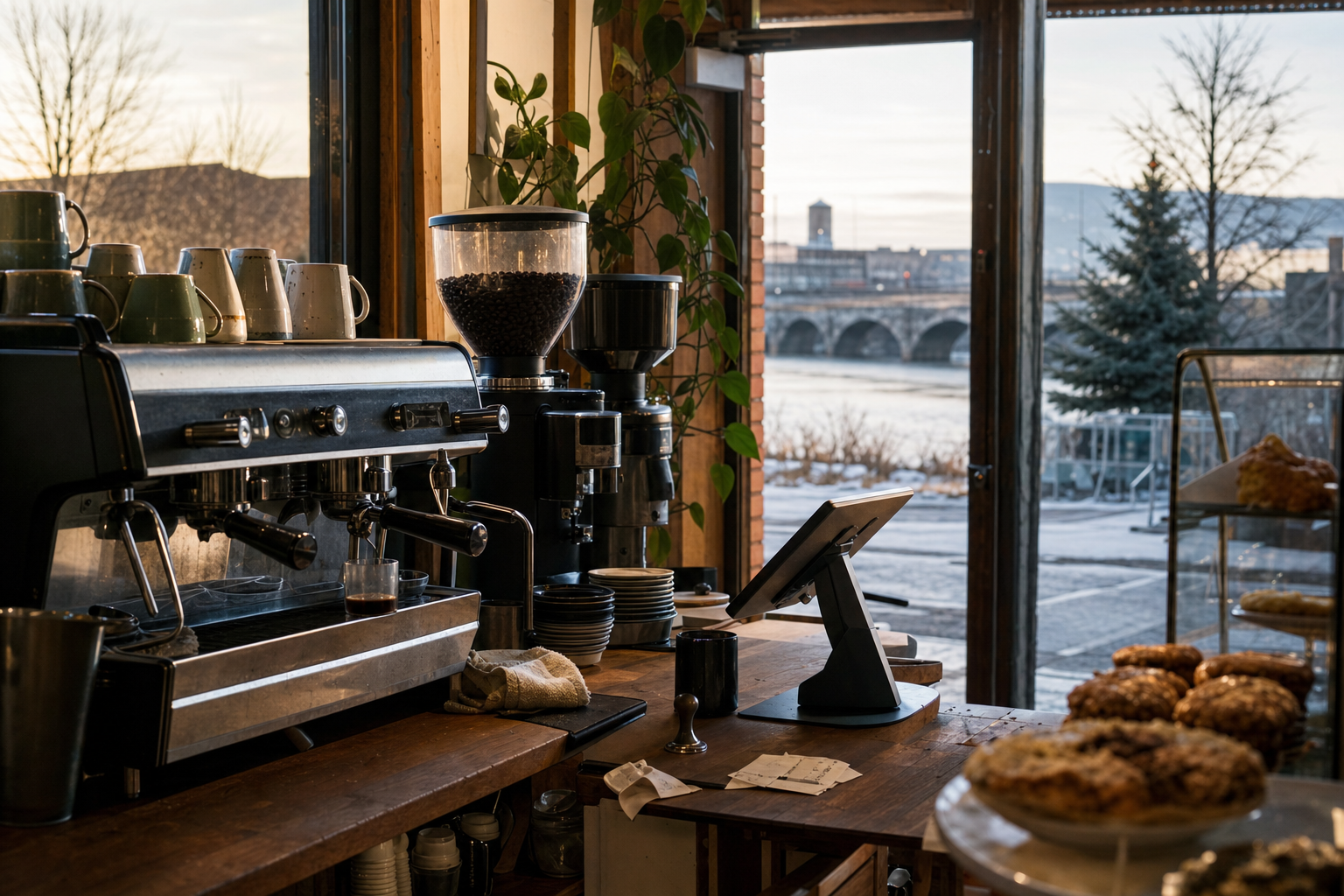 Independent Great Falls coffee shop interior with Rocky Mountain morning light, drip station in the middle distance