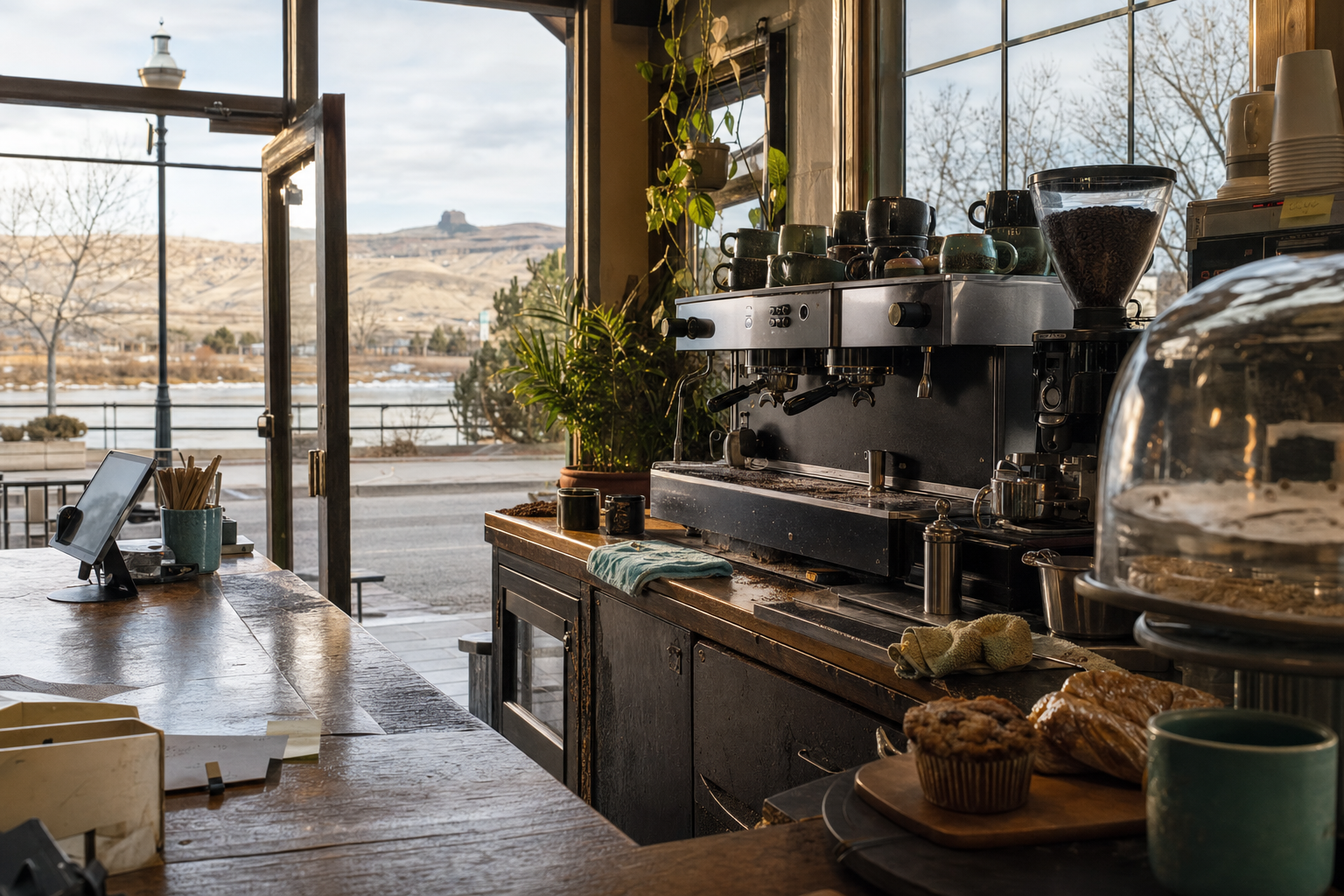 Independent Green River coffee shop interior with Rocky Mountain morning light, drip station in the corner