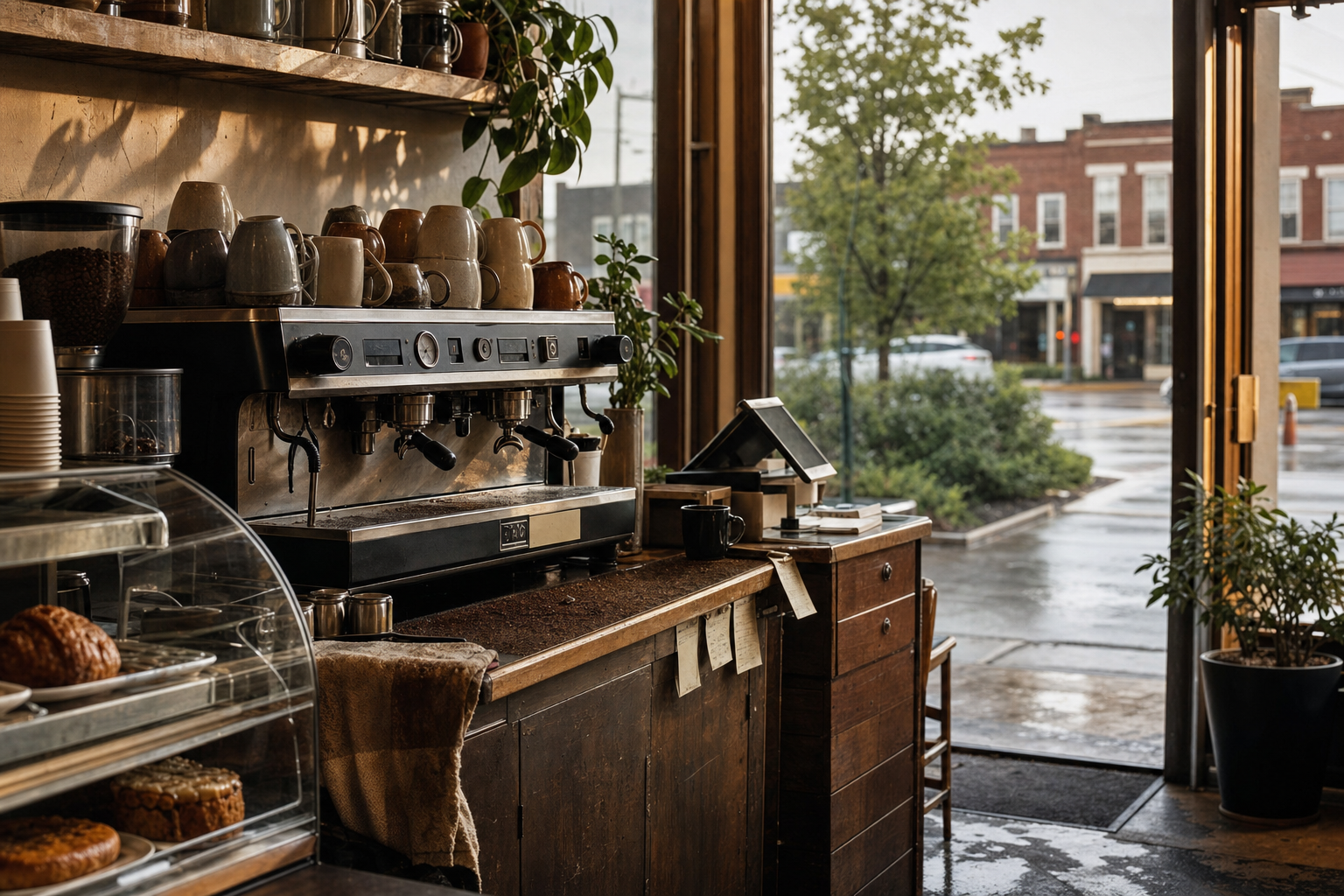 Independent Greenwood coffee shop interior with Midwest hardwood morning light, pastry case in the corner