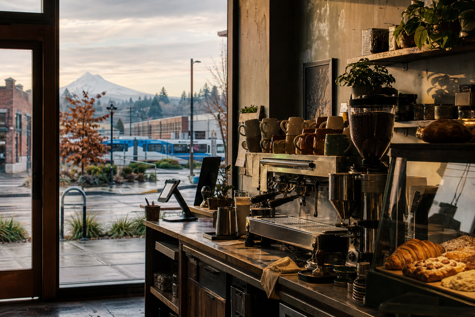 Independent Gresham coffee shop interior with fog-filtered morning light, chemex pour-over in the middle distance