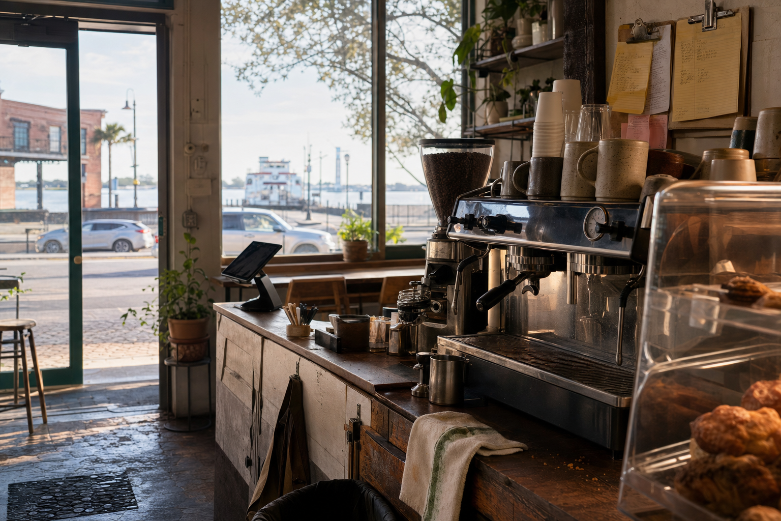 Independent Gretna coffee shop interior with humid Gulf morning light, espresso machine in the corner