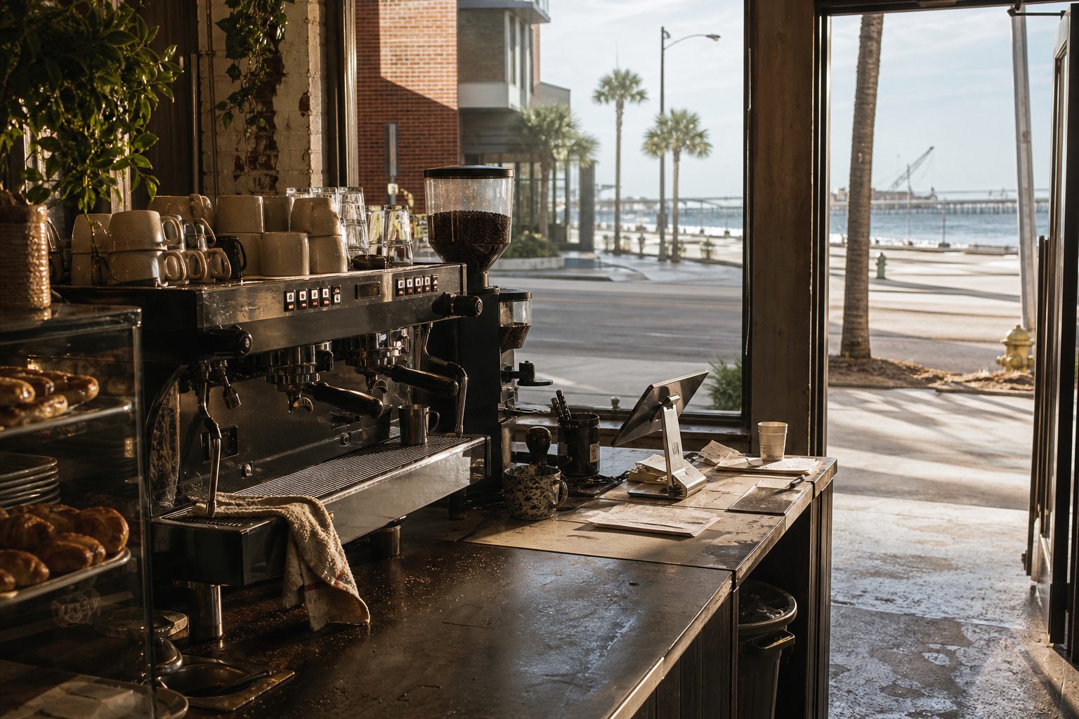 Independent Gulfport coffee shop interior with humid Southern morning light, drip station in the foreground
