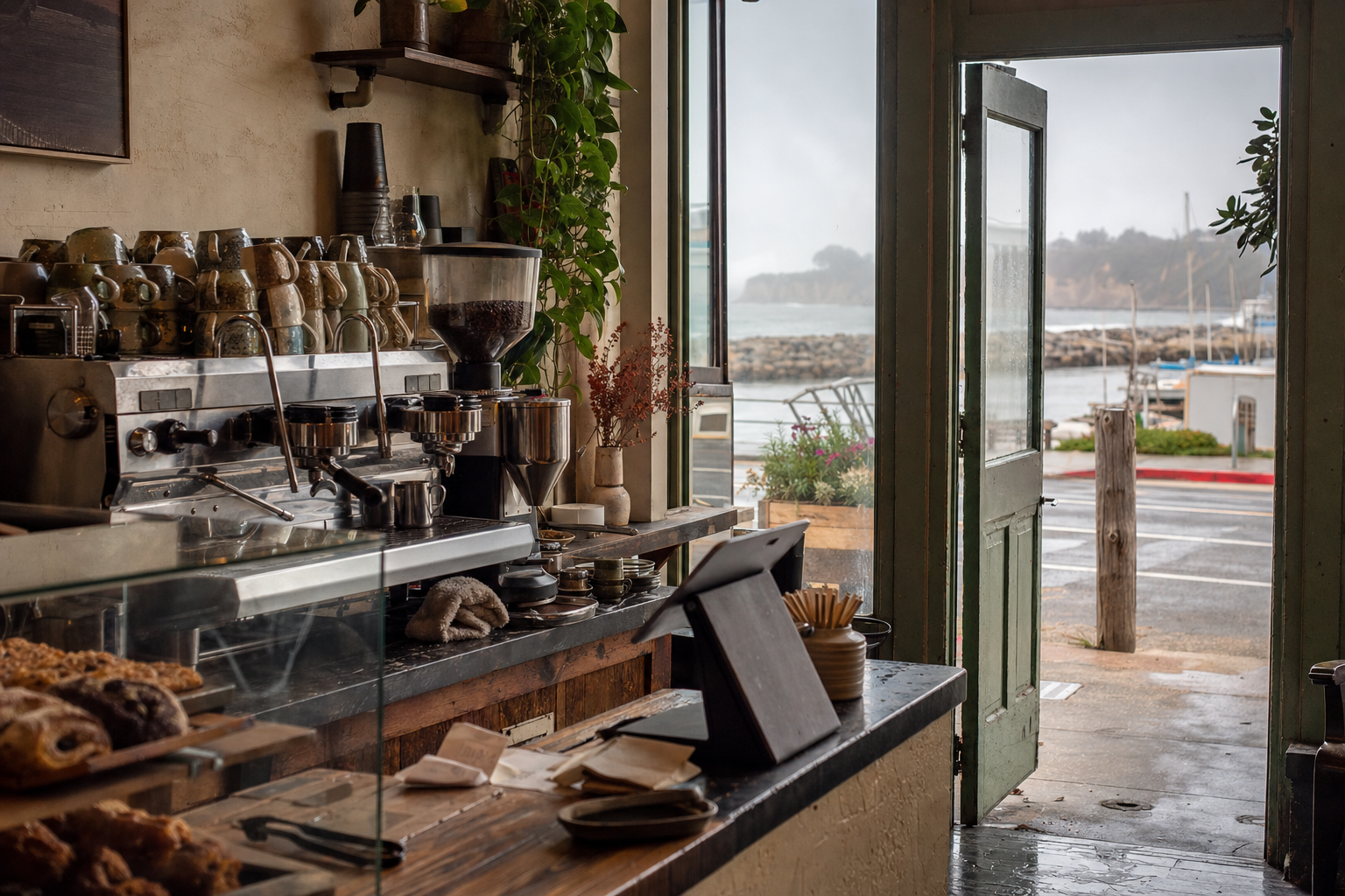 Independent Half Moon Bay coffee shop interior with Pacific morning light, pastry case in the corner