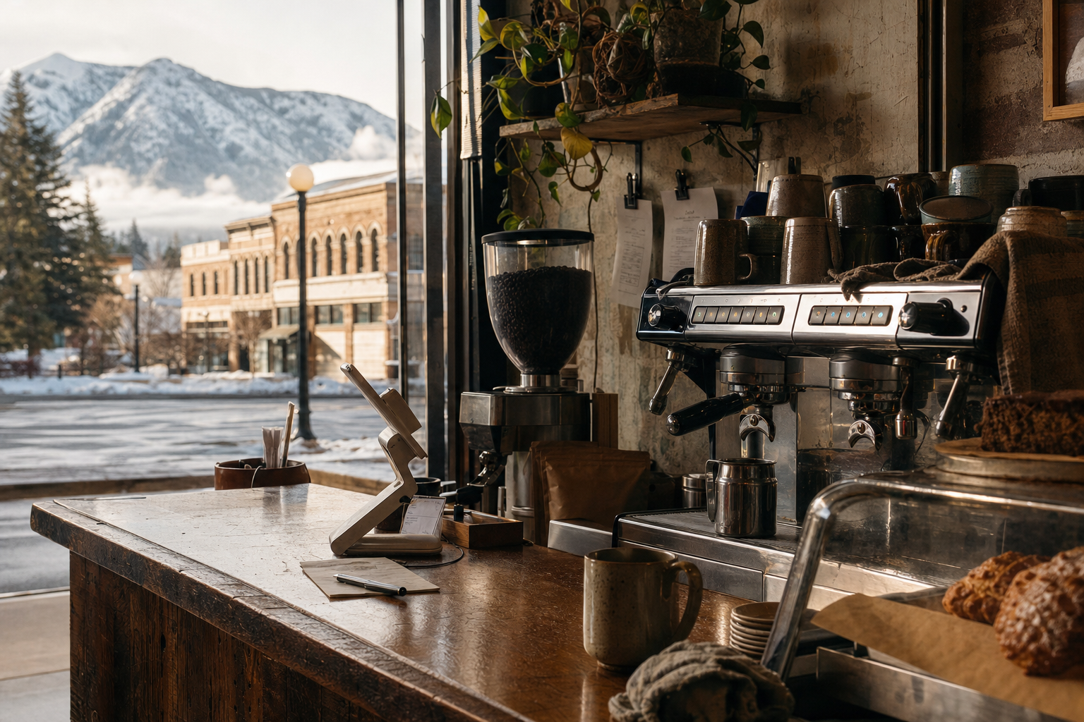 Independent Hamilton coffee shop interior with Rocky Mountain morning light, pastry case in the foreground