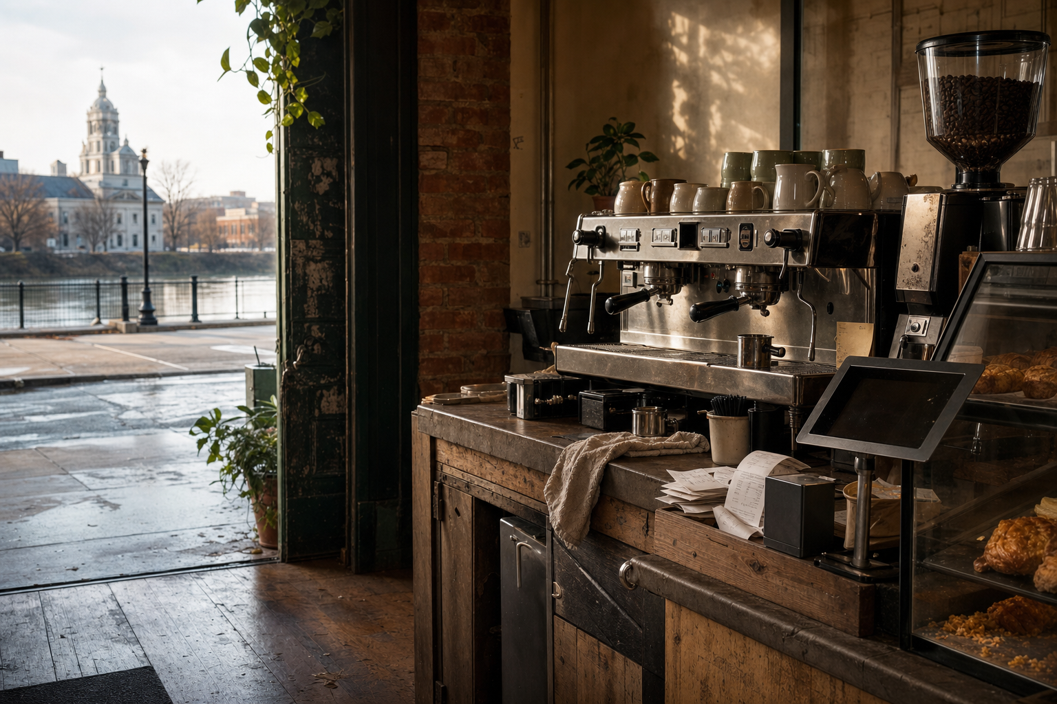 Independent Hamilton coffee shop interior with Midwest hardwood morning light, chemex pour-over in the middle distance