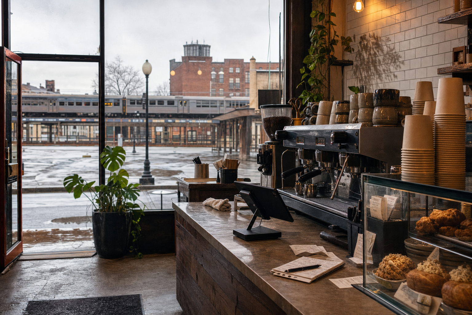 Hammond coffee shop interior with IN morning light around the espresso bar.