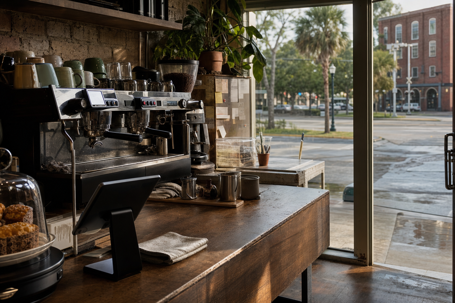 Hammond coffee shop interior with LA morning light around the espresso bar.