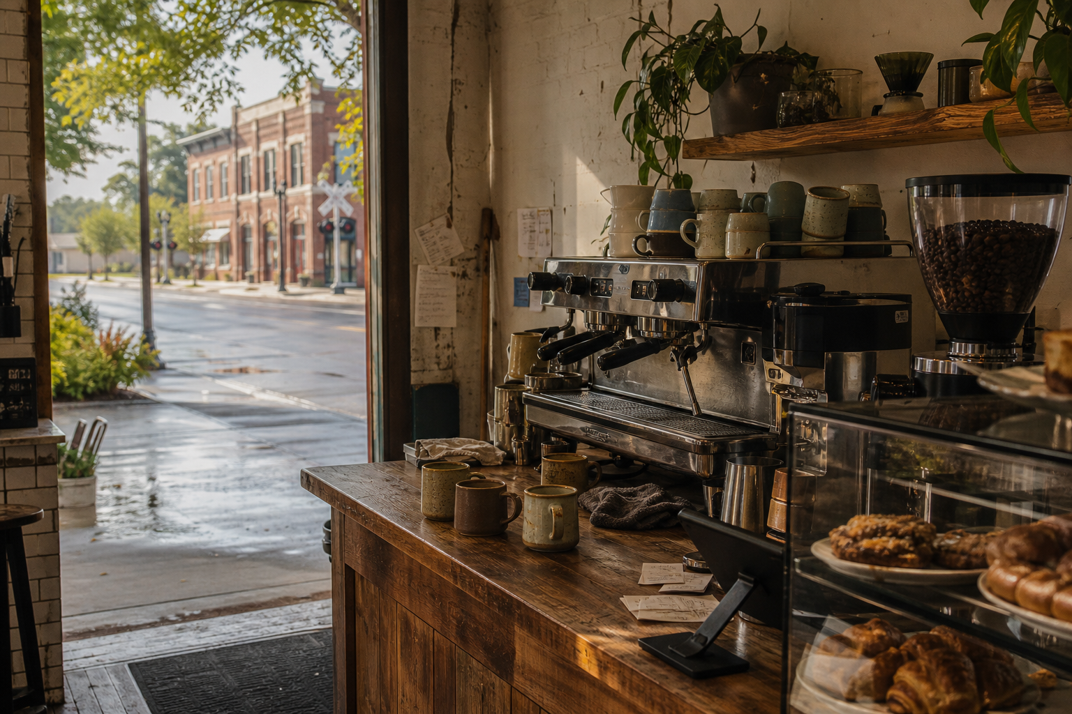 Independent Hattiesburg coffee shop interior with humid Southern morning light, pastry case in the corner