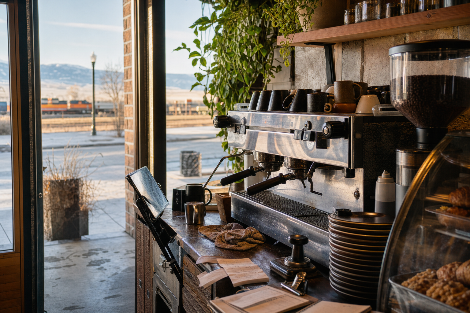Independent Havre coffee shop interior with Rocky Mountain morning light, drip station in the middle distance
