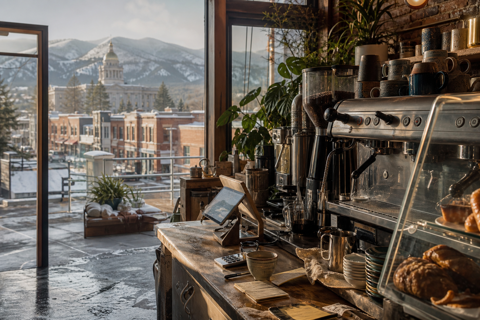 Independent Helena coffee shop interior with Rocky Mountain morning light, chemex pour-over in the foreground