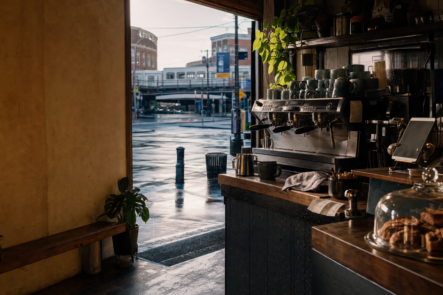 Hempstead coffee shop interior with NY morning light around the espresso bar.