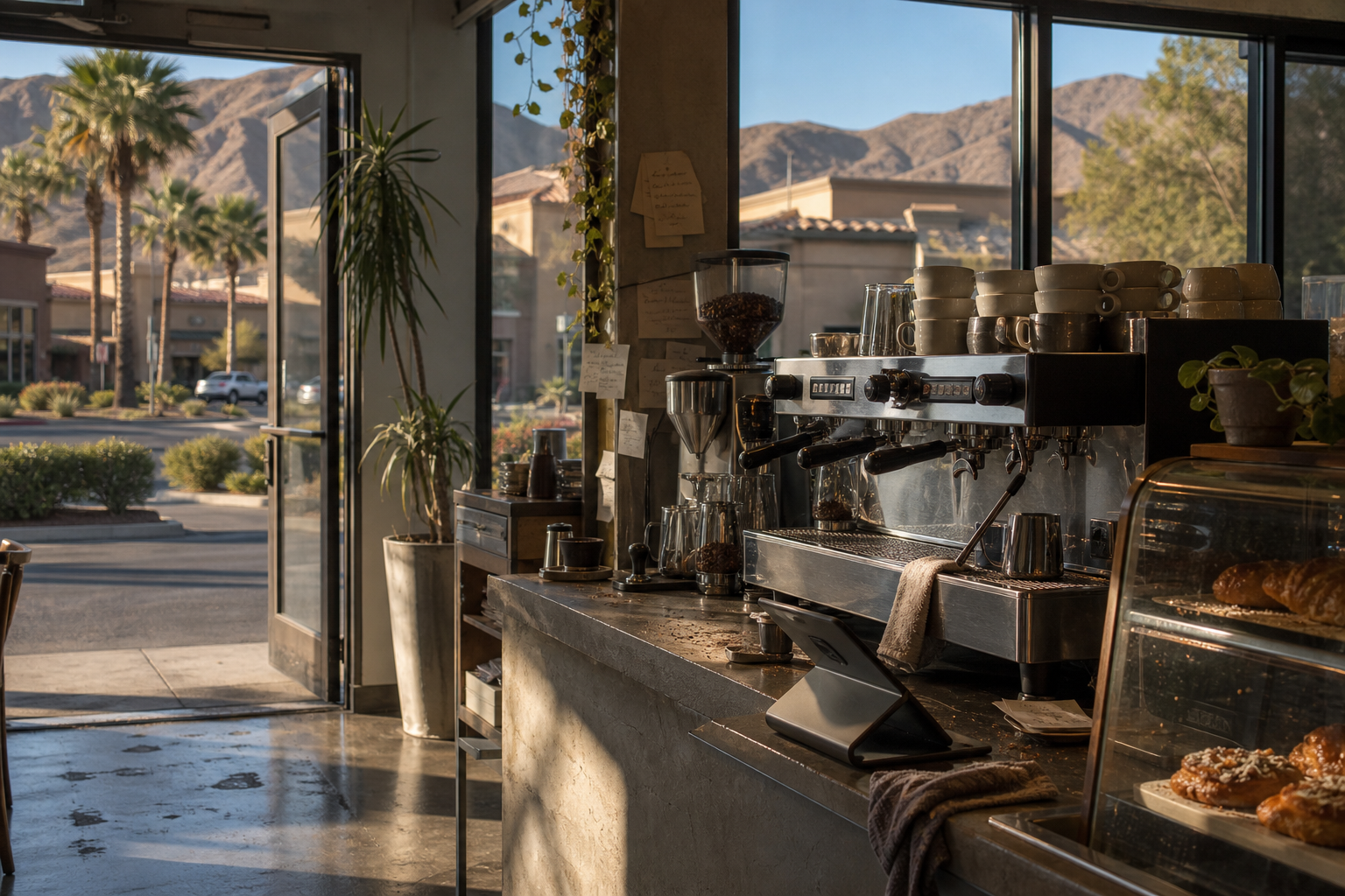 Independent Henderson coffee shop interior with warm desert morning light, chemex pour-over in the middle distance