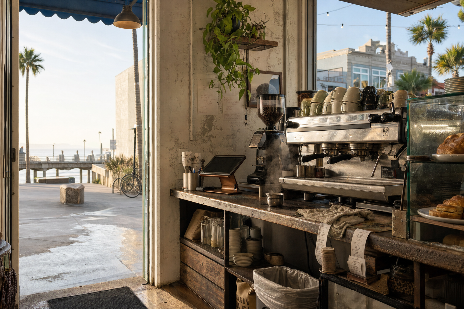 Independent Hermosa Beach coffee shop interior with Pacific morning light, drip station in the corner