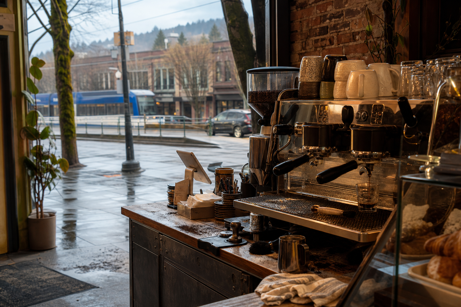 Independent Hillsboro coffee shop interior with fog-filtered morning light, drip station in the foreground