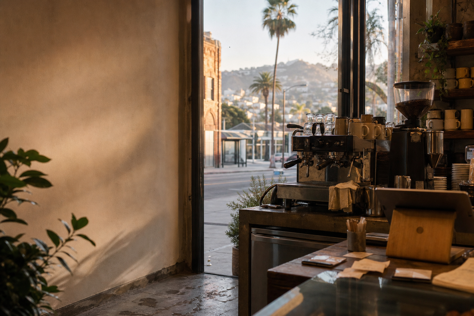 Independent Hollywood coffee shop interior with Pacific morning light, pastry case in the foreground