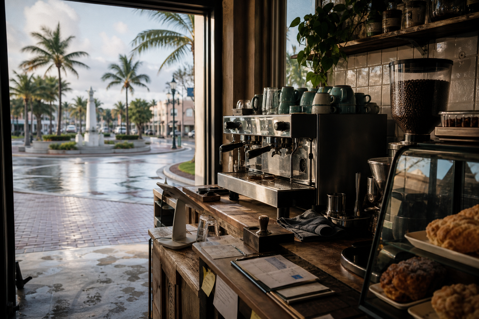 Independent Hollywood coffee shop interior with Gulf-light morning, pastry case in the middle distance