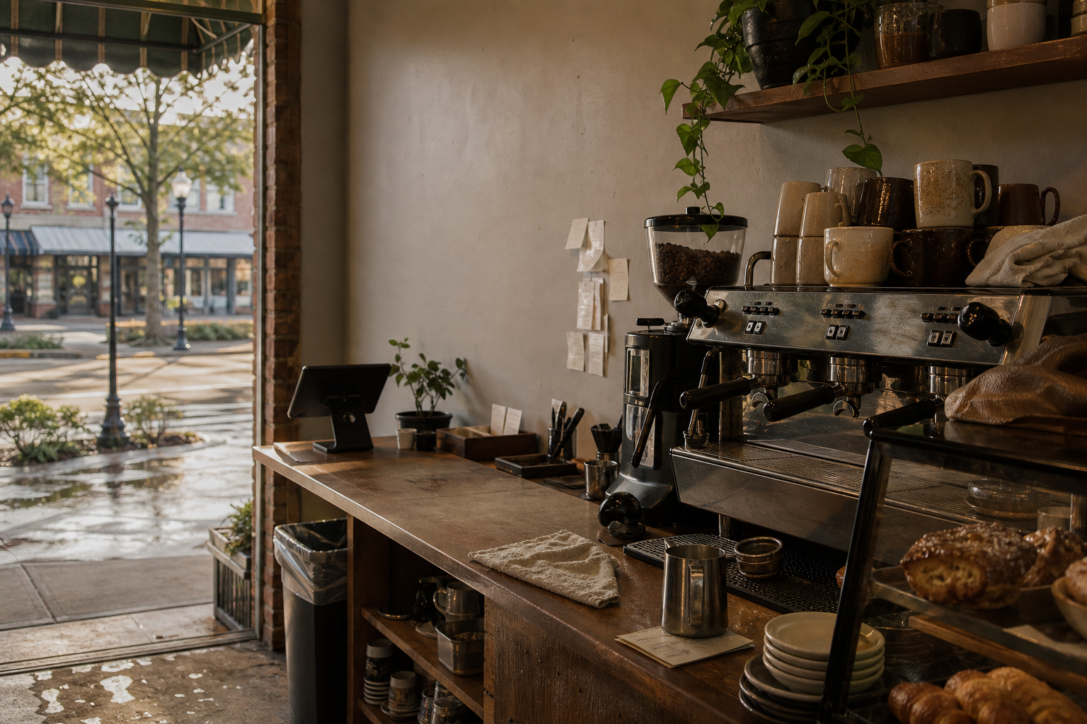 Independent Homewood coffee shop interior with humid Southern morning light, chemex pour-over in the middle distance