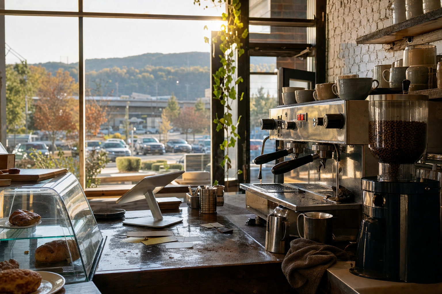 Independent Hoover coffee shop interior with humid Southern morning light, espresso machine in the middle distance