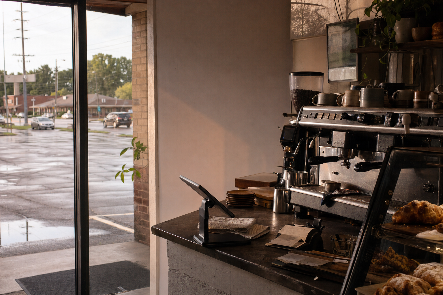 Independent Horn Lake coffee shop interior with humid Southern morning light, espresso machine in the foreground