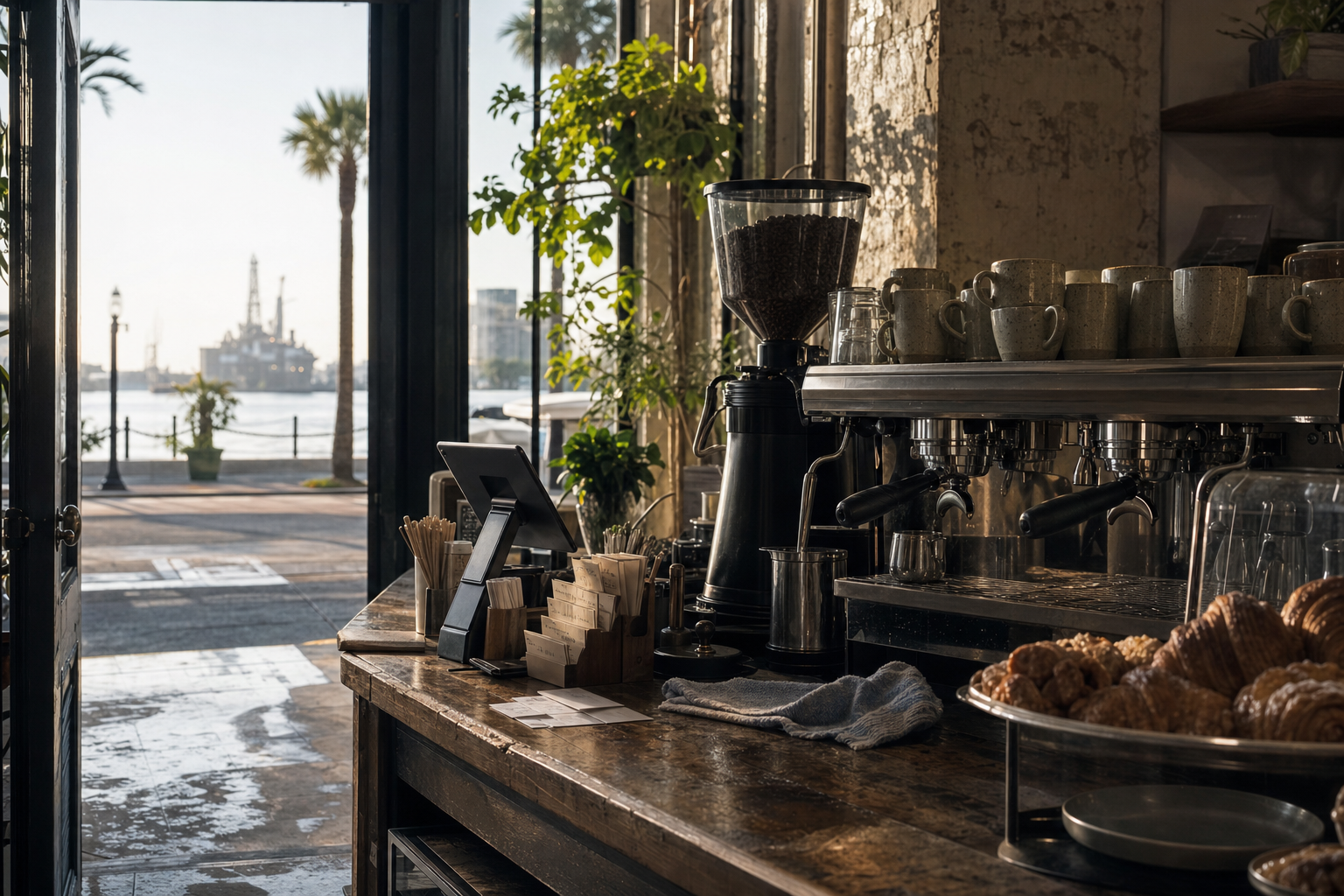 Independent Houma coffee shop interior with humid Gulf morning light, espresso machine in the corner