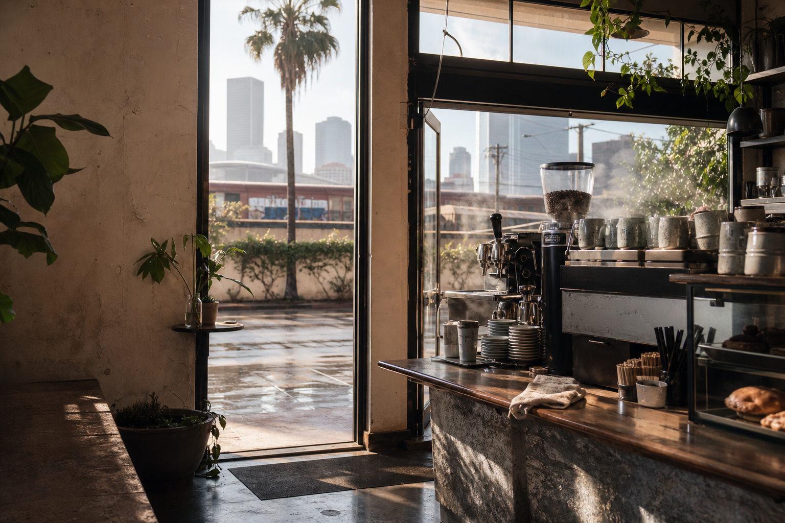 Houston coffee shop interior with TX morning light around the espresso bar.