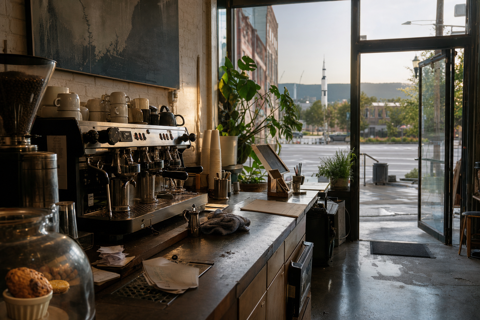 Huntsville coffee shop interior with AL morning light around the espresso bar.