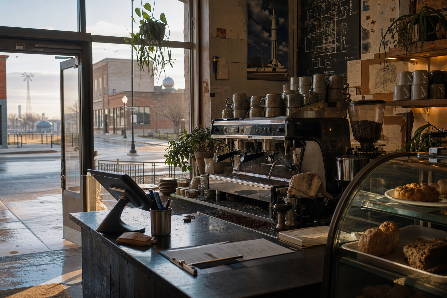 Independent Hutchinson coffee shop interior with prairie morning light, pastry case in the middle distance
