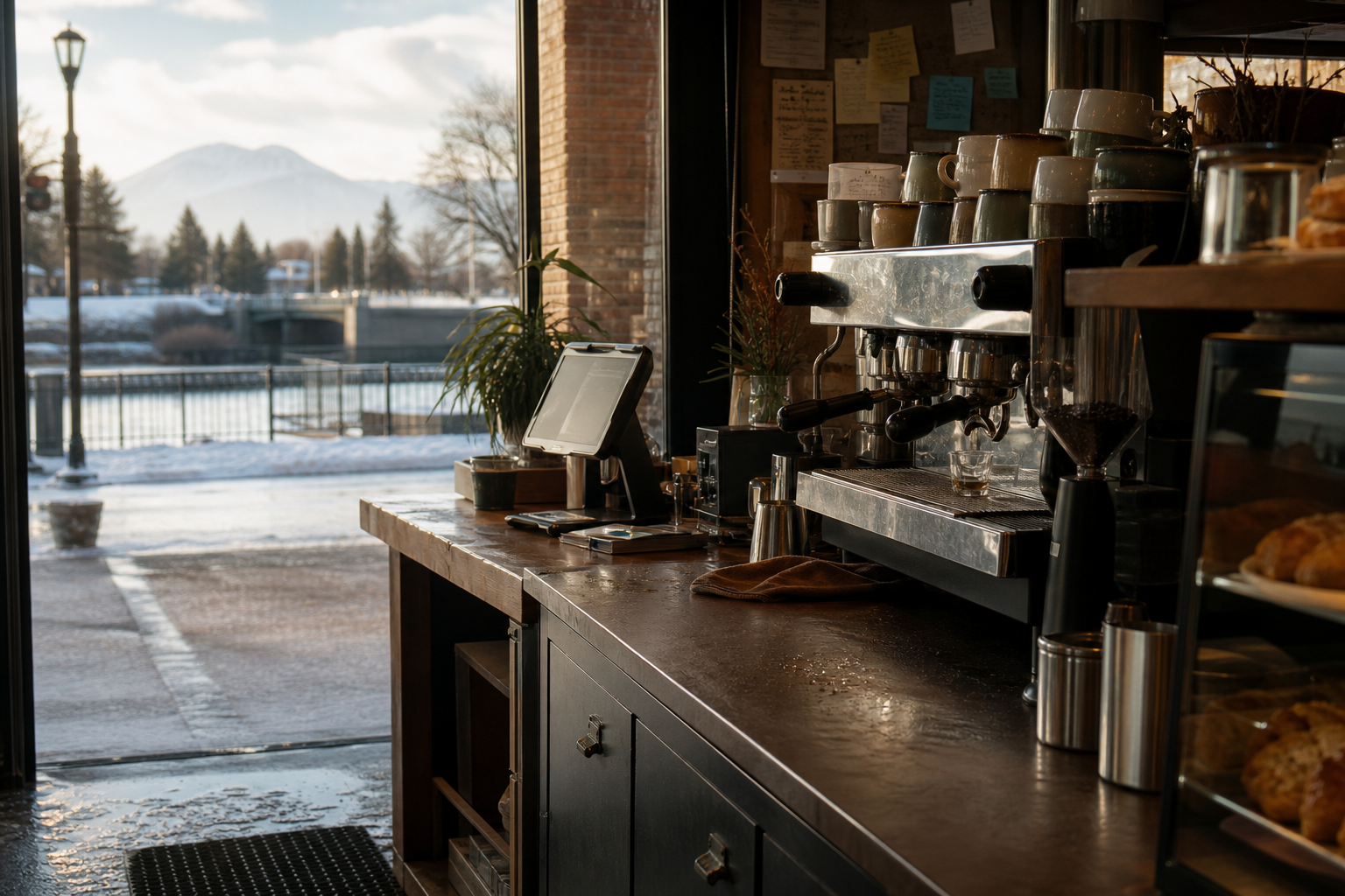 Independent Idaho Falls coffee shop interior with high-desert morning light, espresso machine in the foreground
