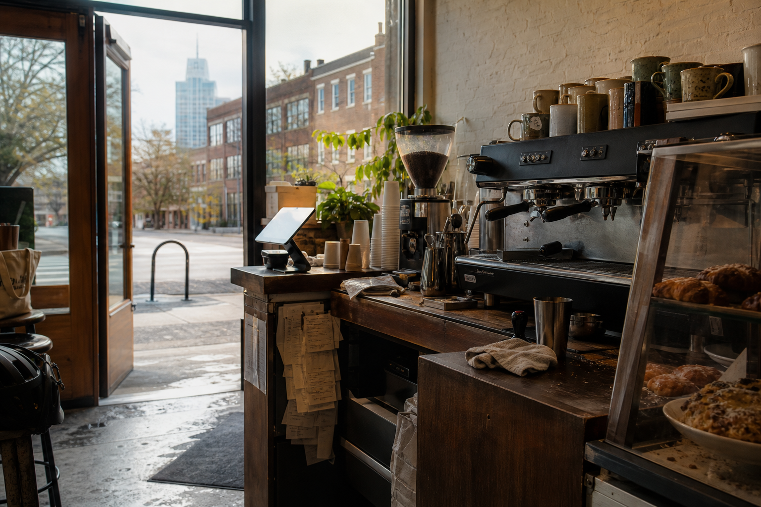 Independent Indianapolis coffee shop interior with Midwest hardwood morning light, espresso machine in the middle distance
