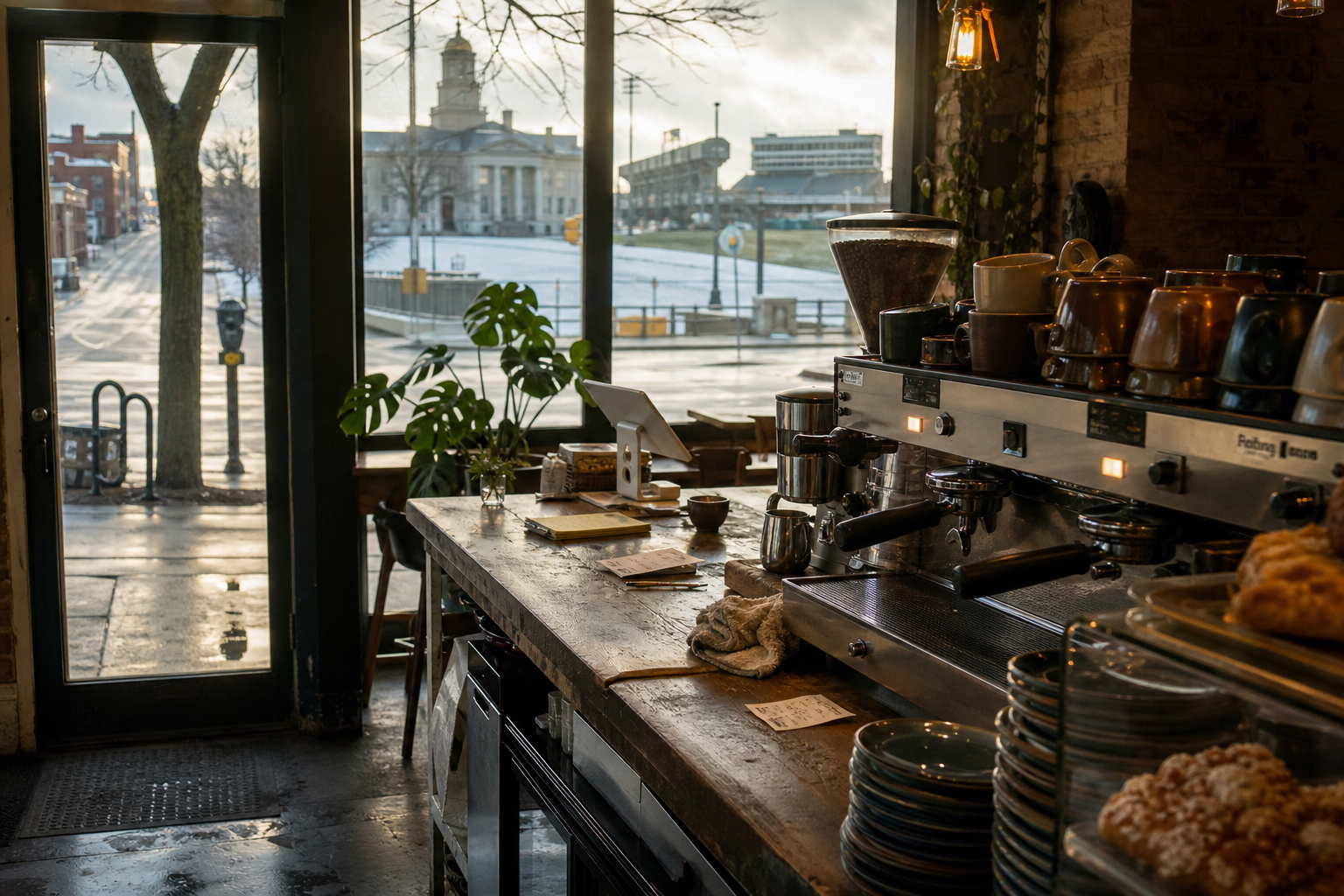 Independent Iowa City coffee shop interior with Midwest hardwood morning light, pastry case in the foreground