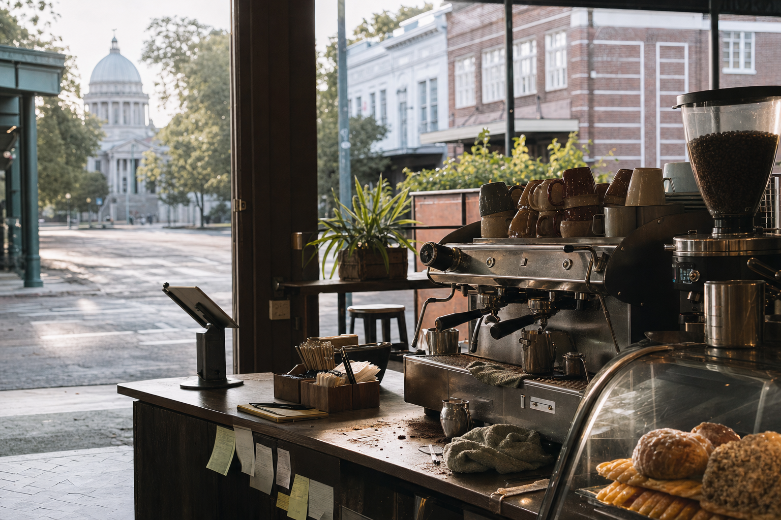 Independent Jackson coffee shop interior with humid Southern morning light, chemex pour-over in the middle distance