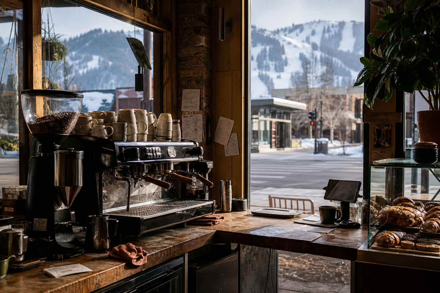 Independent Jackson coffee shop interior with Rocky Mountain morning light, chemex pour-over in the middle distance